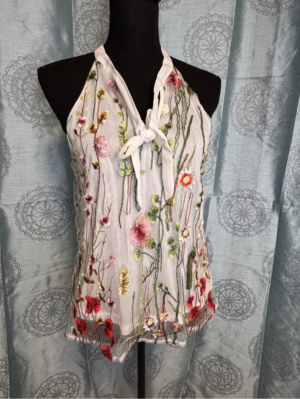 Embroidered White Halter Tie Floral Camisole